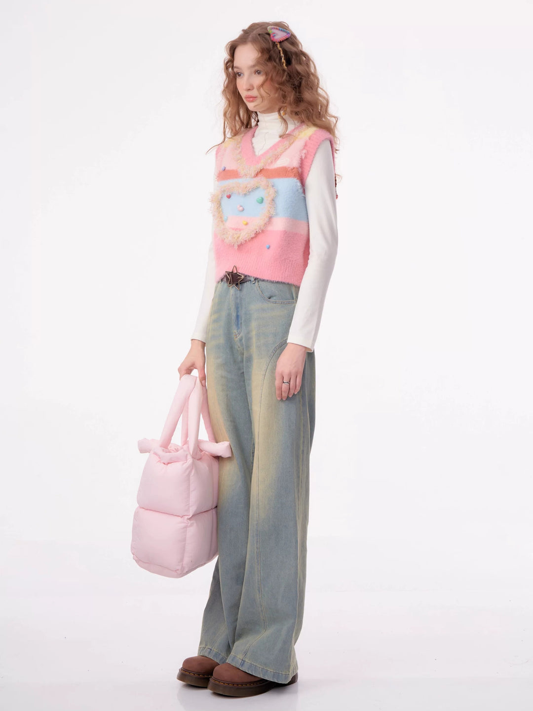 Pastel Heart Fuzzy Knit Vest