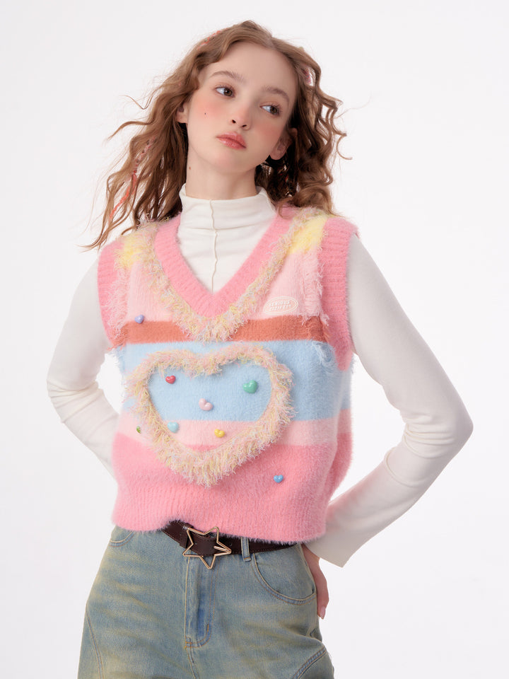 Pastel Heart Fuzzy Knit Vest