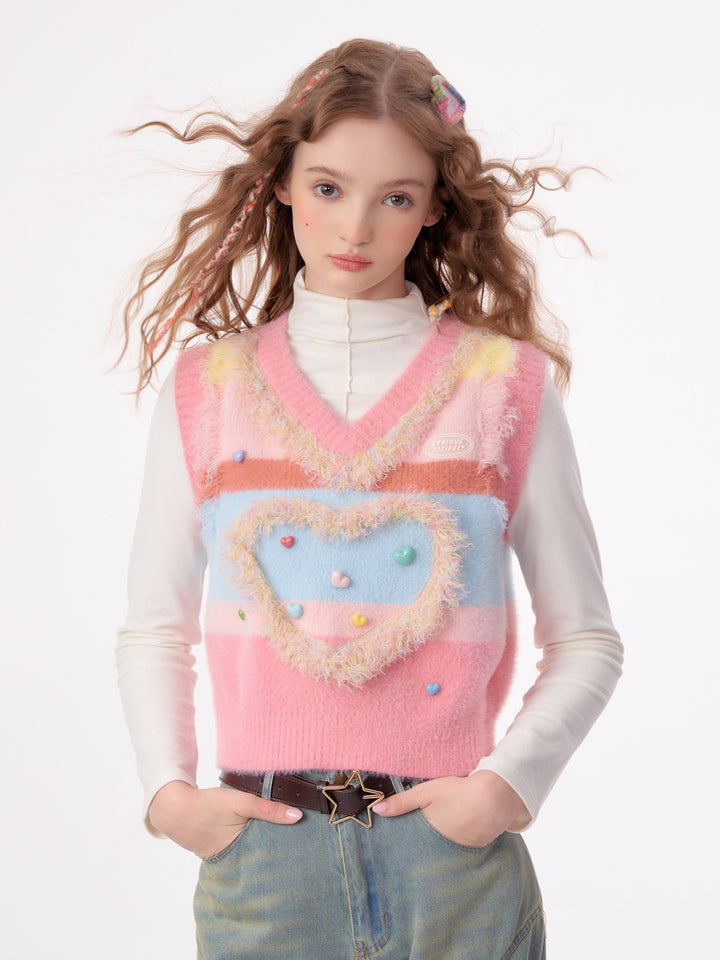 Pastel Heart Fuzzy Knit Vest