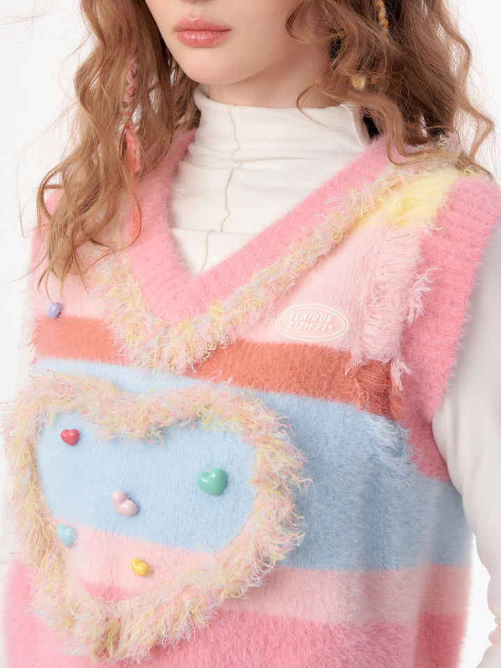 Pastel Heart Fuzzy Knit Vest