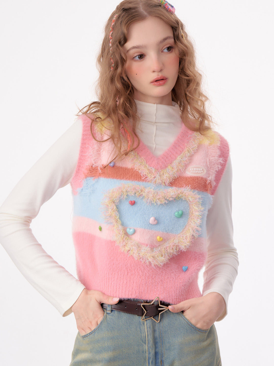 Pastel Heart Fuzzy Knit Vest