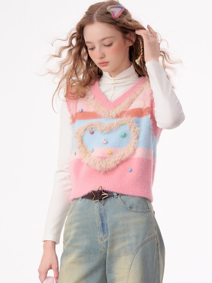 Pastel Heart Fuzzy Knit Vest