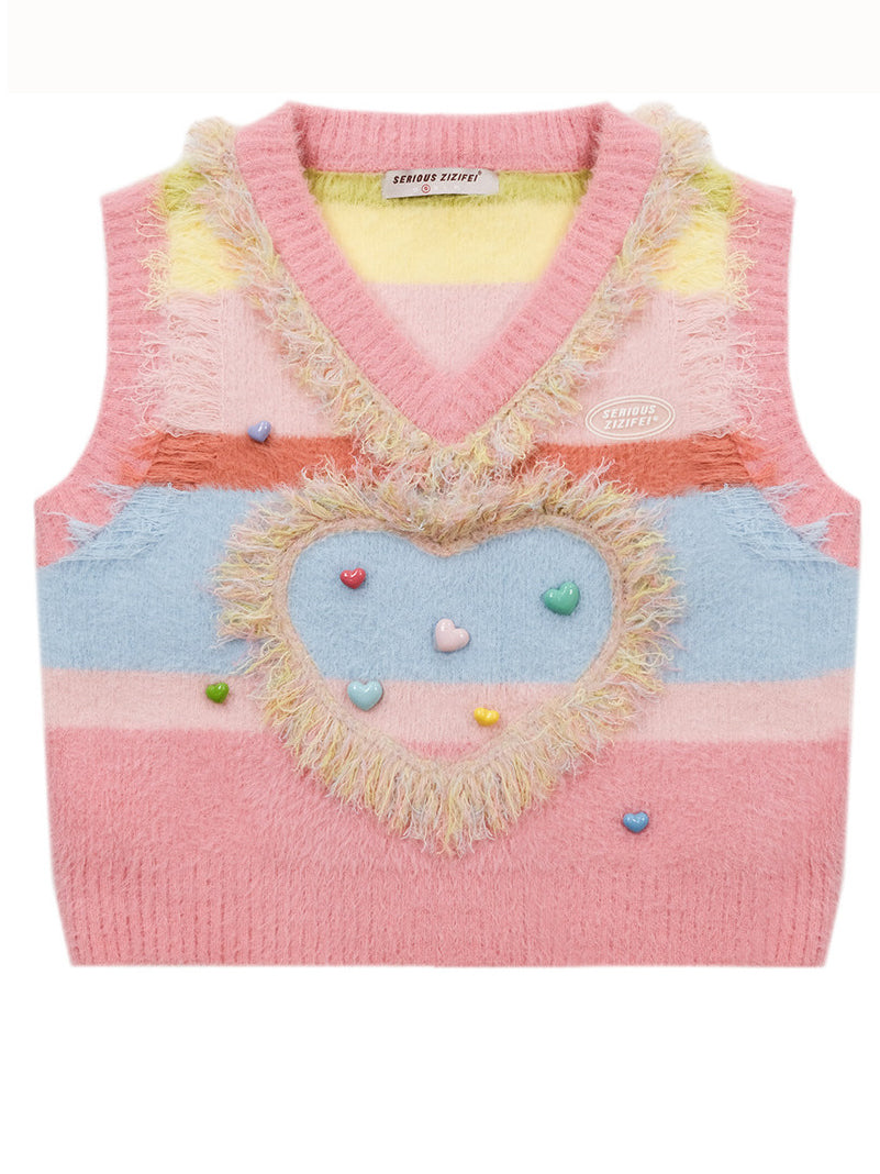 Pastel Heart Fuzzy Knit Vest