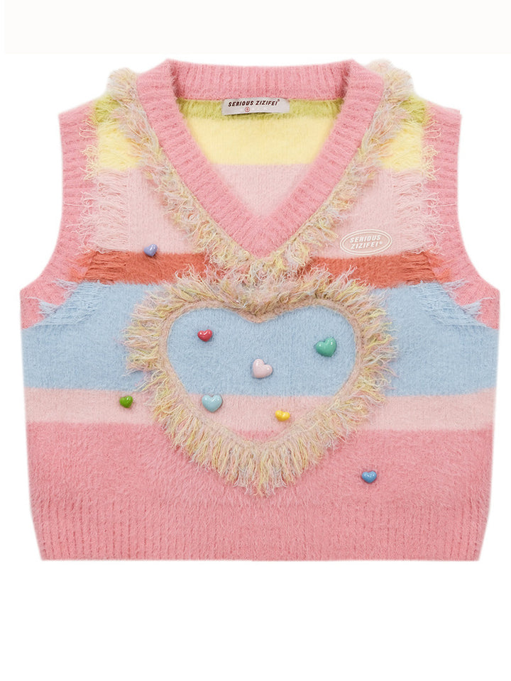 Pastel Heart Fuzzy Knit Vest