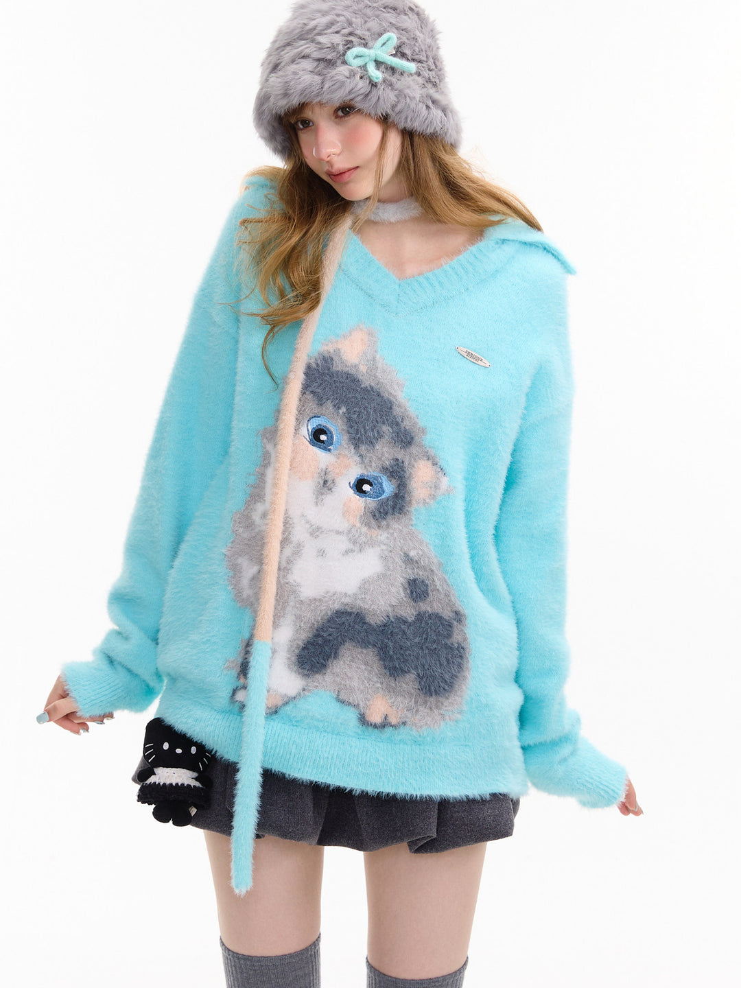 Fuzzy Cat Graphic Polo Sweater