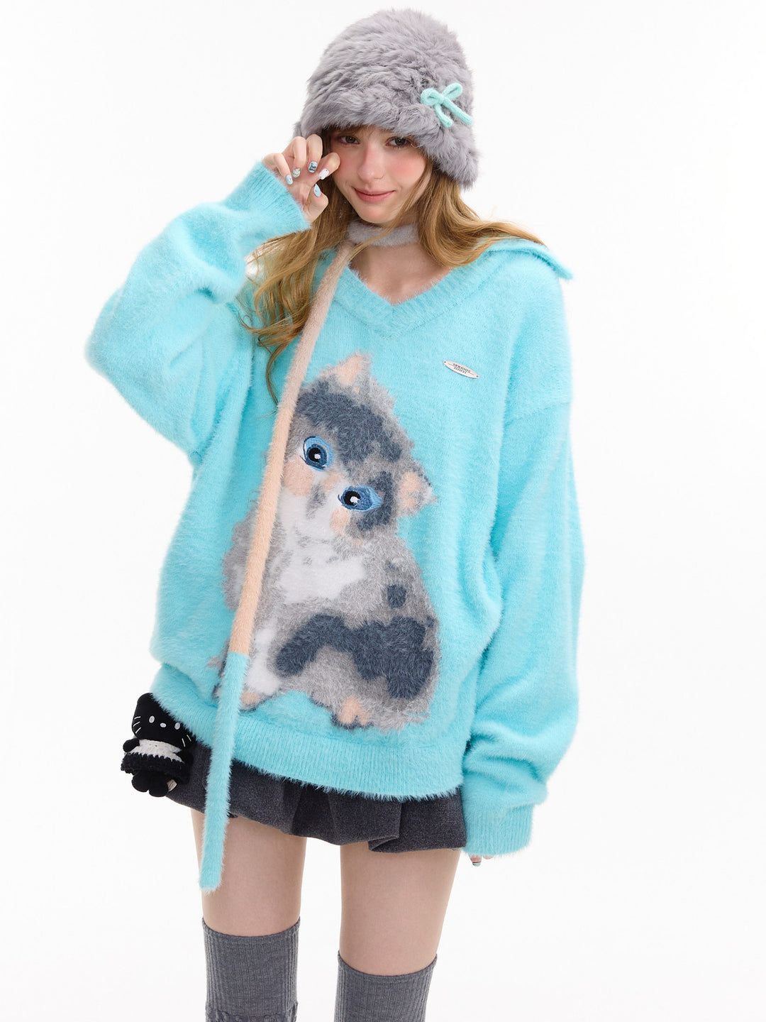 Fuzzy Cat Graphic Polo Sweater