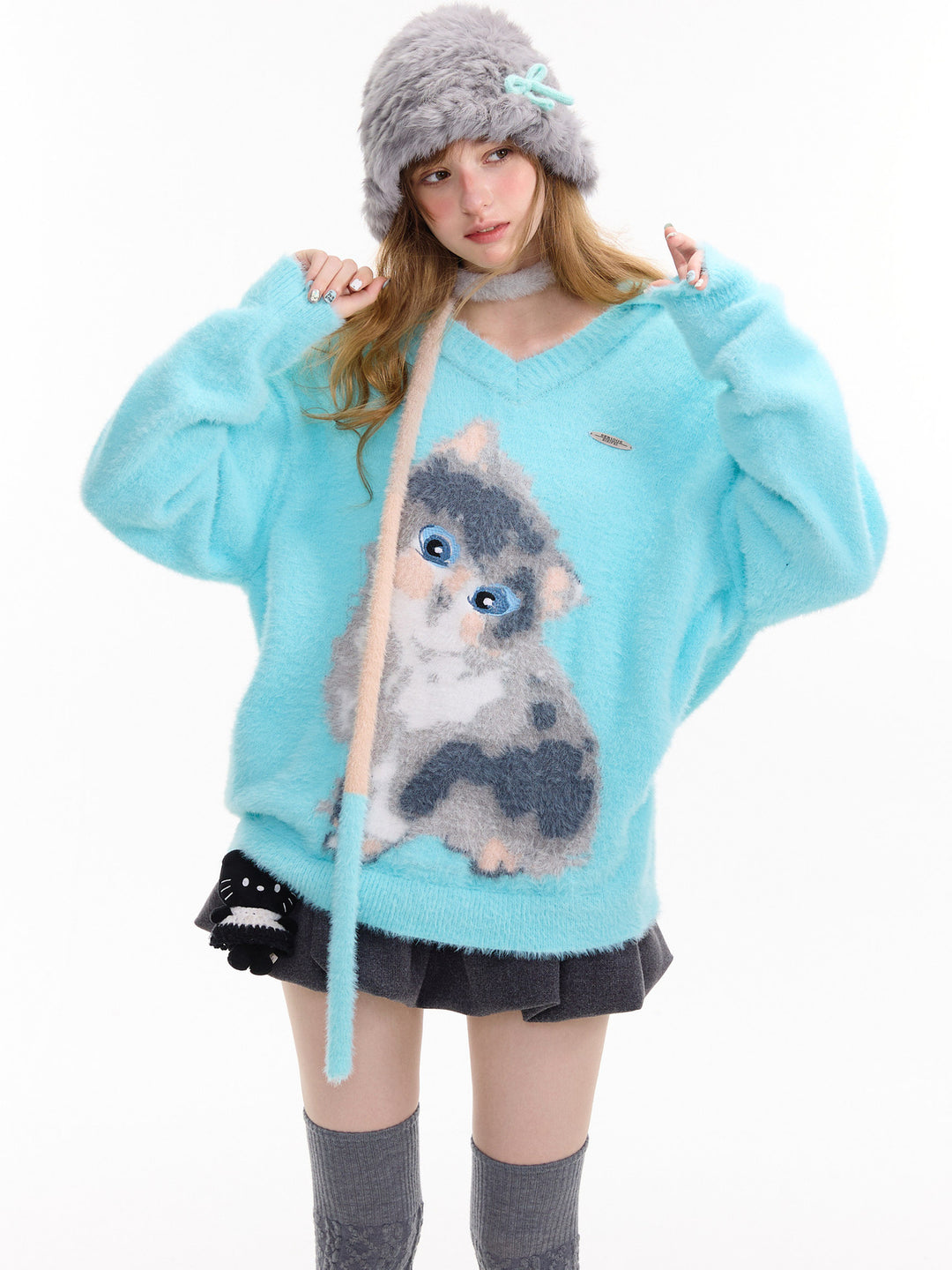 Fuzzy Cat Graphic Polo Sweater