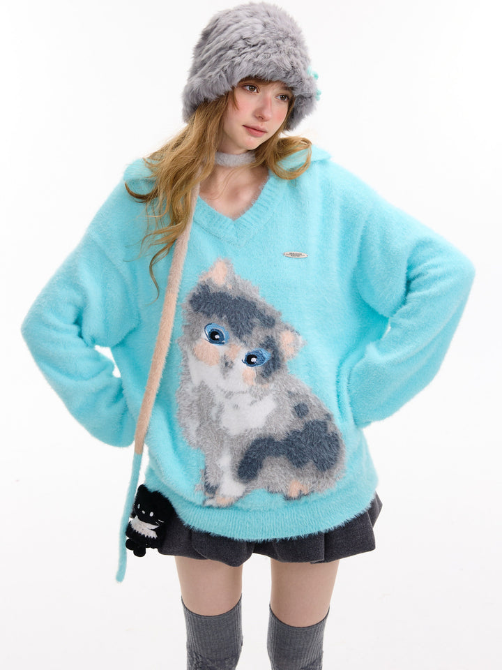 Fuzzy Cat Graphic Polo Sweater