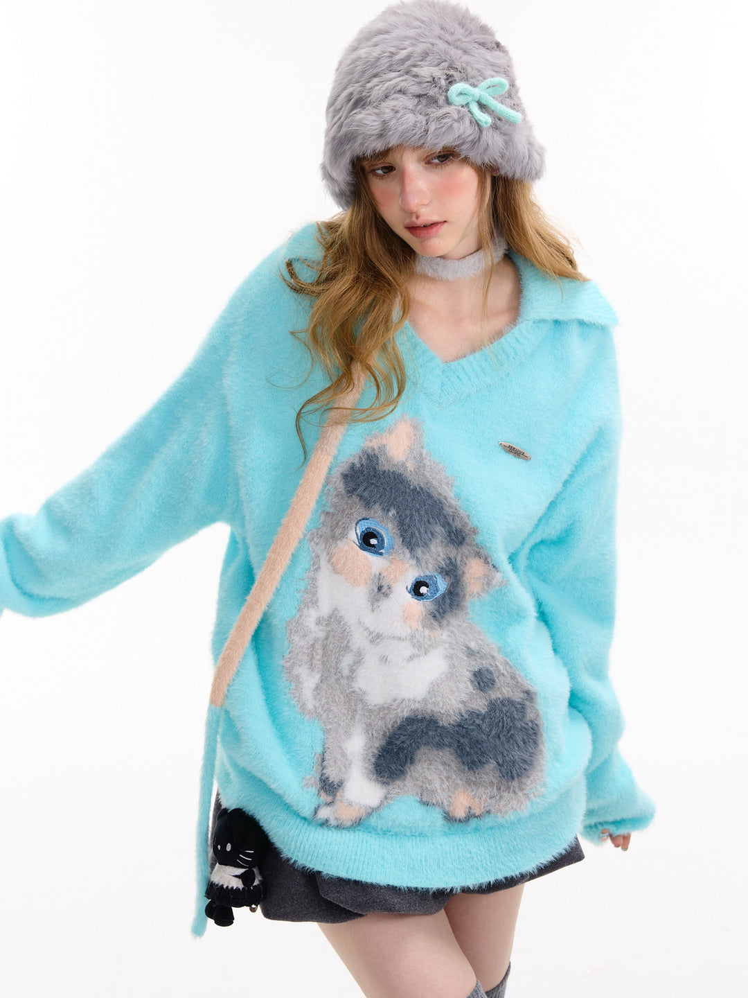 Fuzzy Cat Graphic Polo Sweater