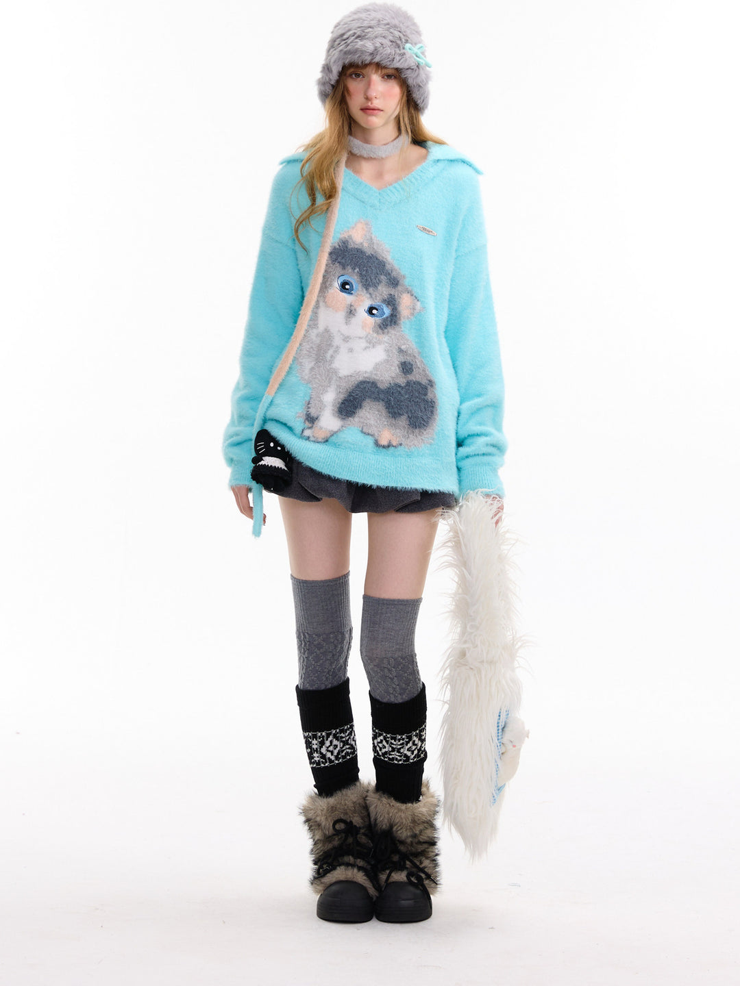 Fuzzy Cat Graphic Polo Sweater