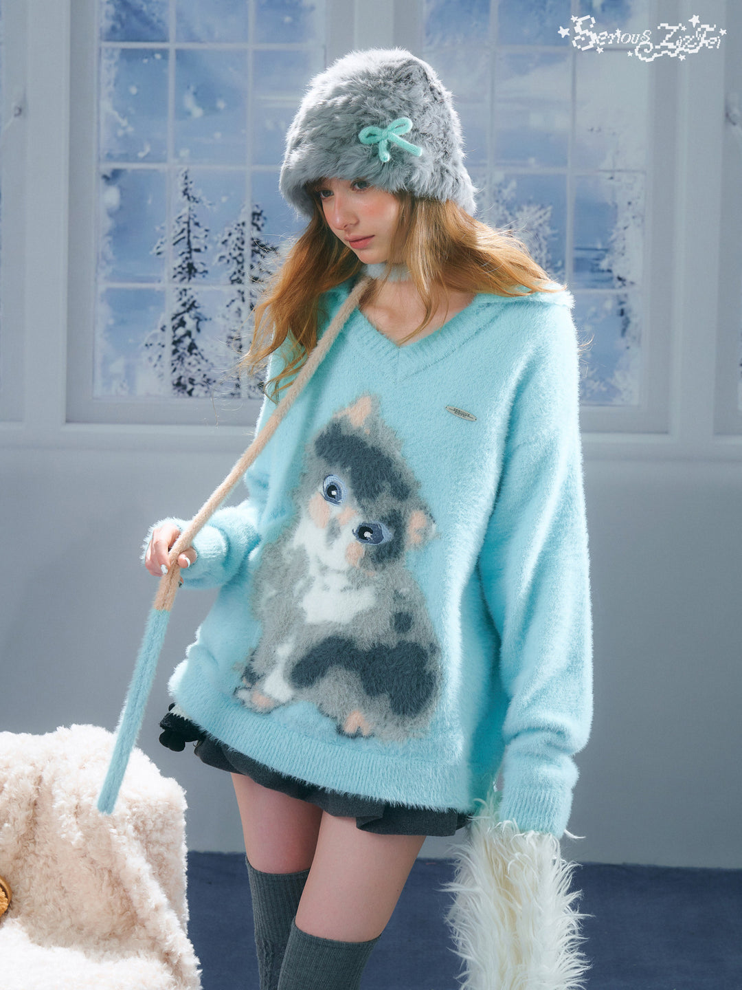 Fuzzy Cat Graphic Polo Sweater
