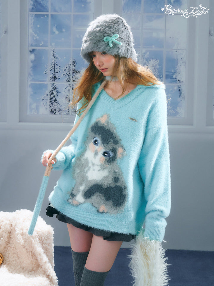 Fuzzy Cat Graphic Polo Sweater