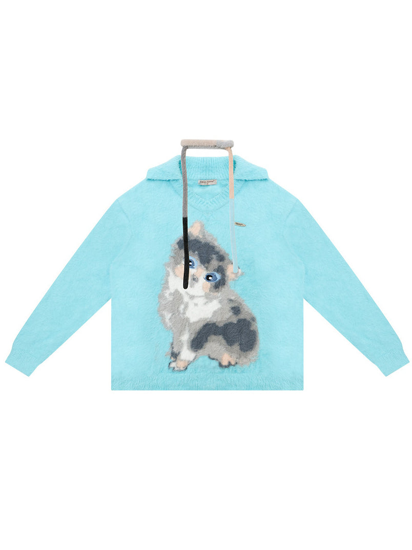 Fuzzy Cat Graphic Polo Sweater