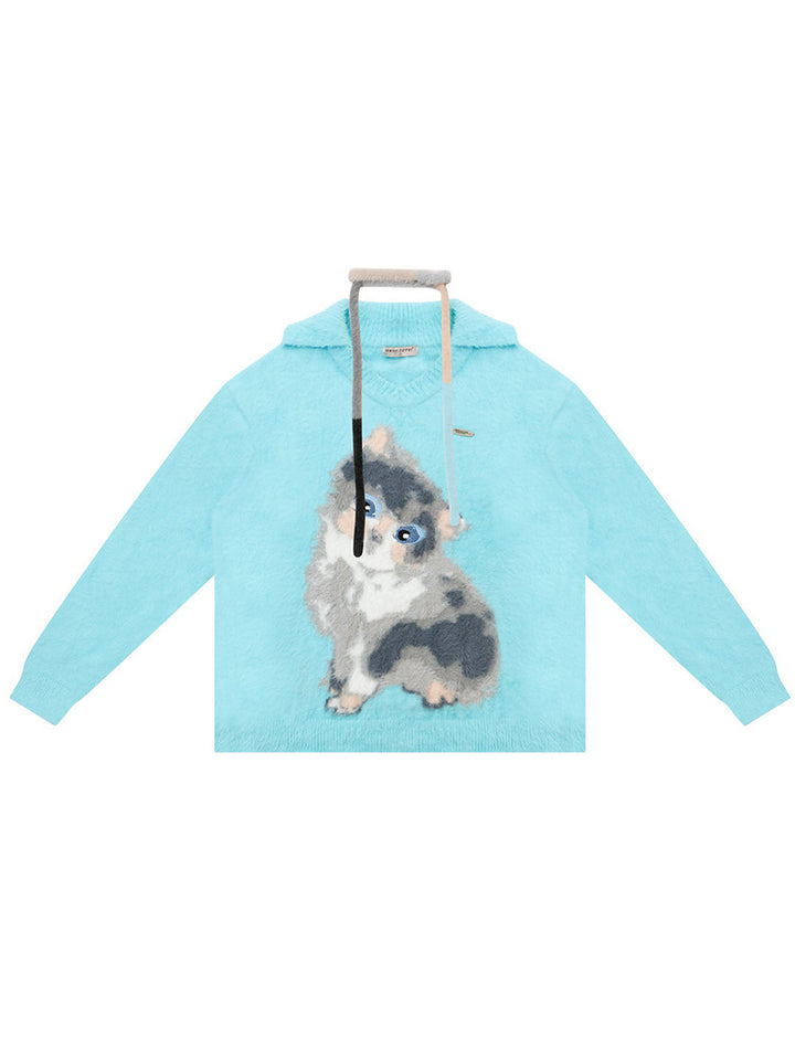 Fuzzy Cat Graphic Polo Sweater