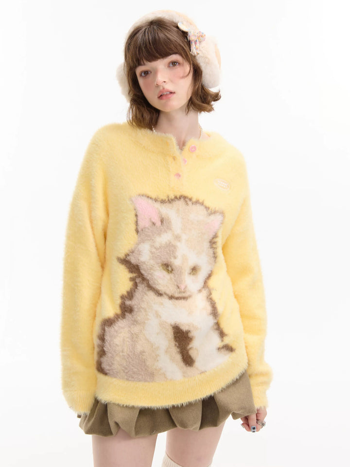 Fuzzy Yellow Cat Graphic Sweater