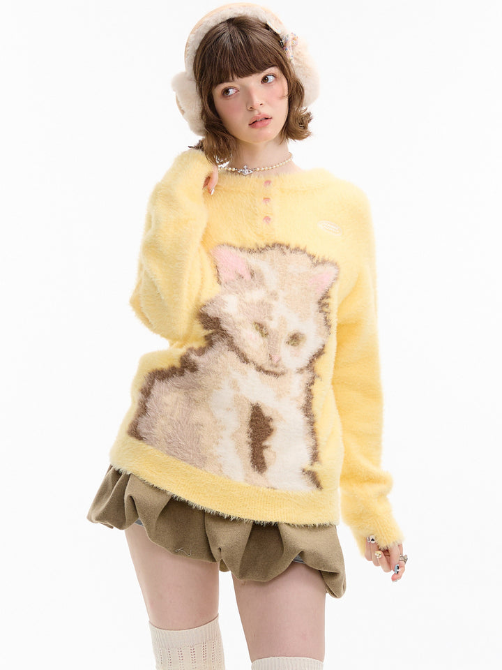 Fuzzy Yellow Cat Graphic Sweater