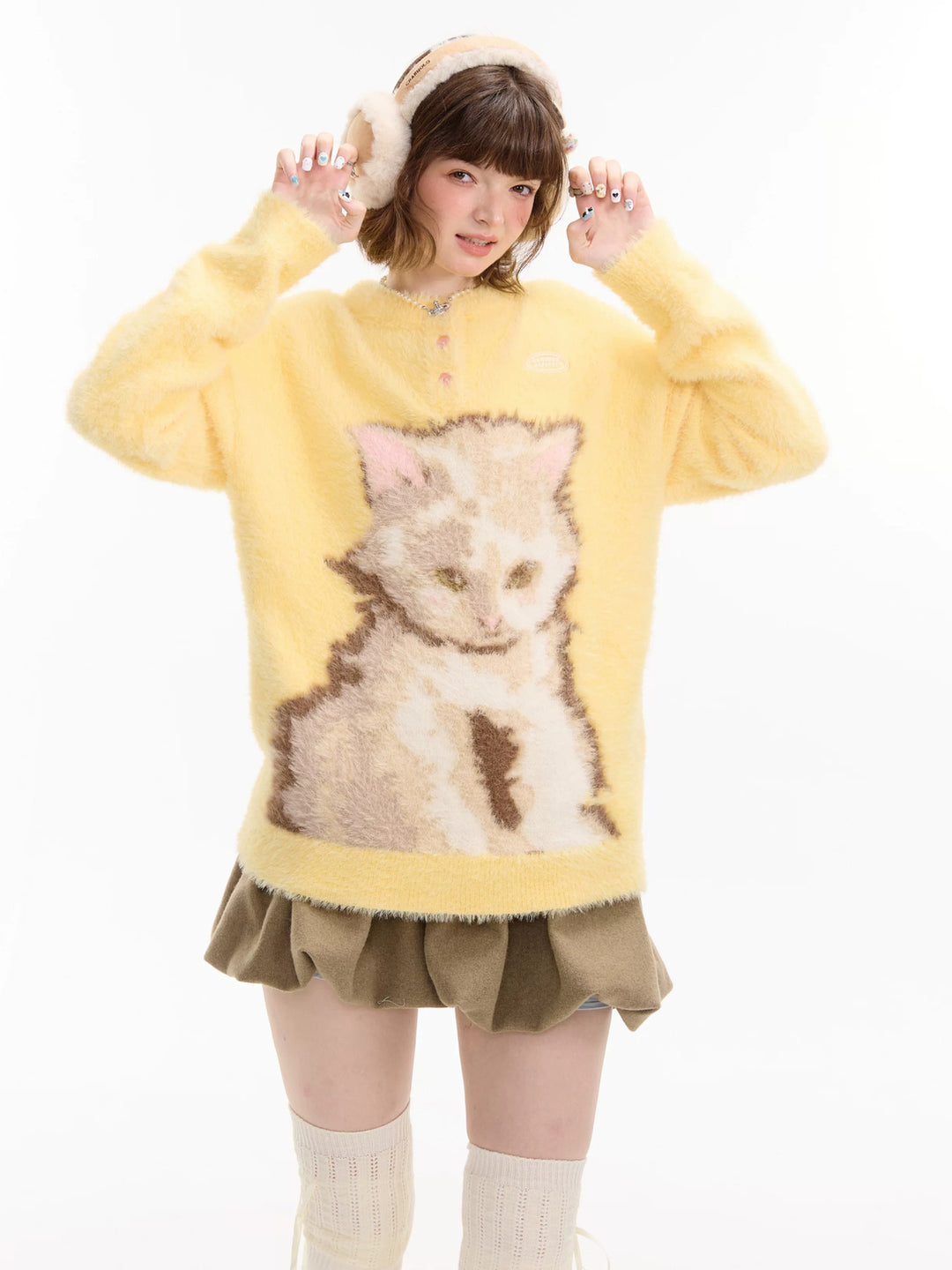 Fuzzy Yellow Cat Graphic Sweater