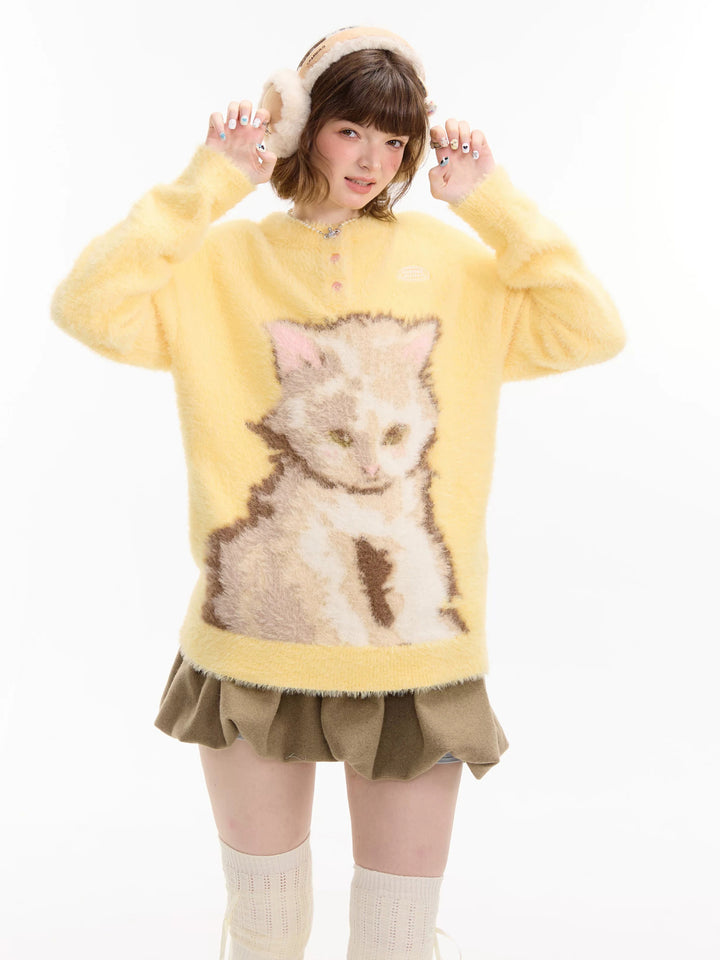 Fuzzy Yellow Cat Graphic Sweater