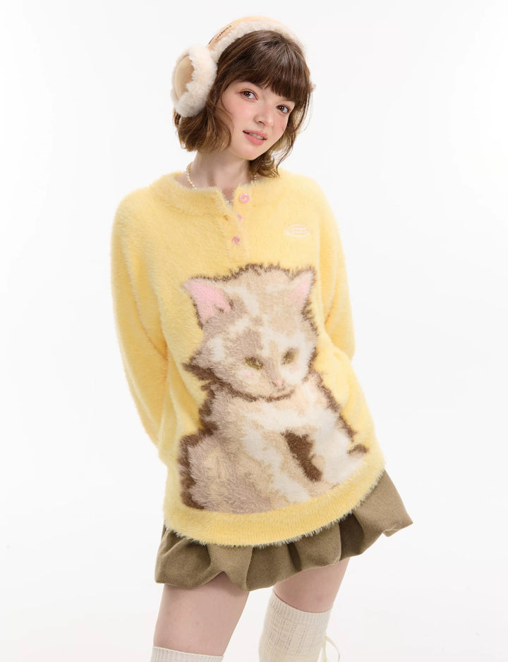 Fuzzy Yellow Cat Graphic Sweater
