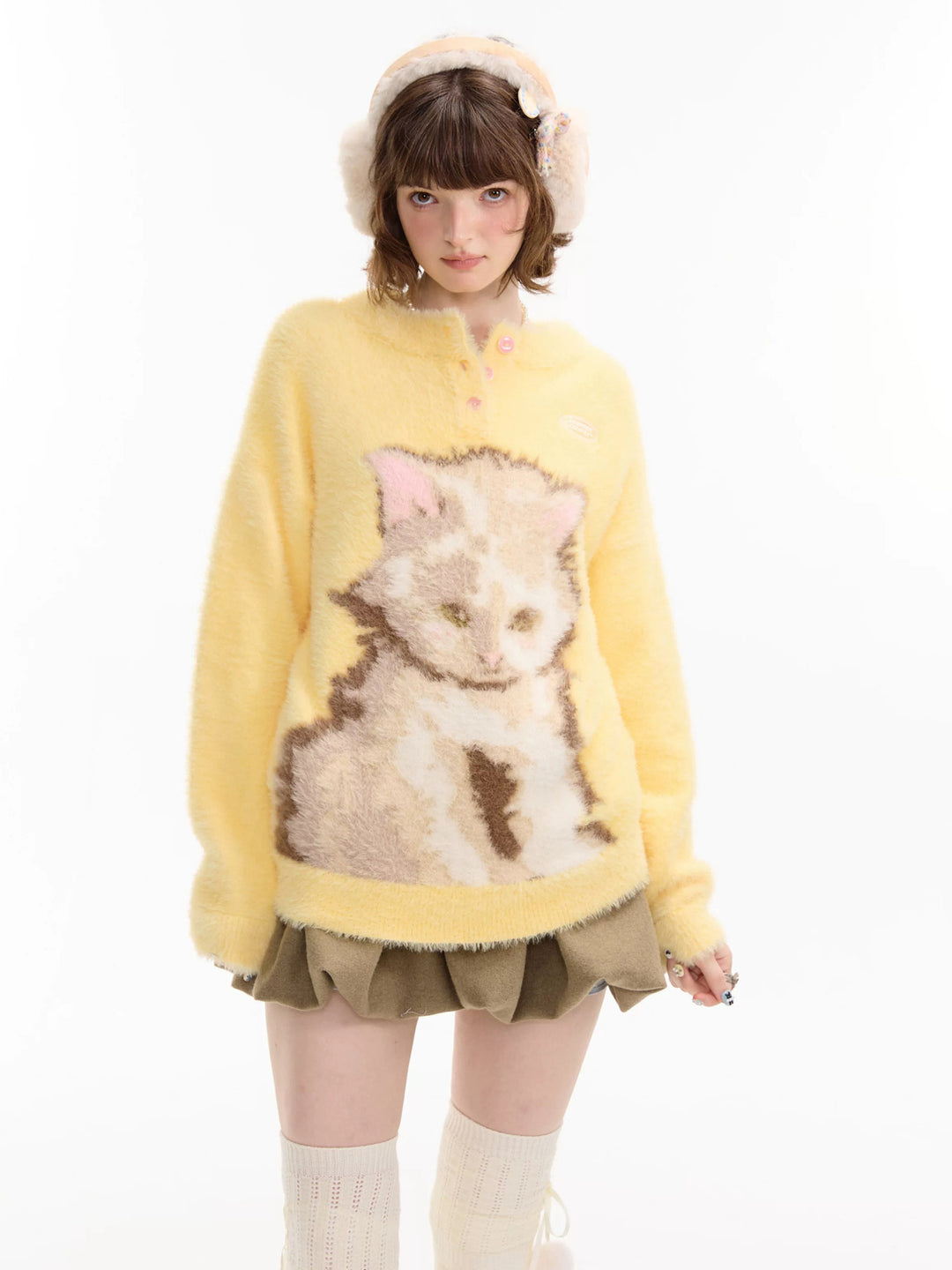 Fuzzy Yellow Cat Graphic Sweater