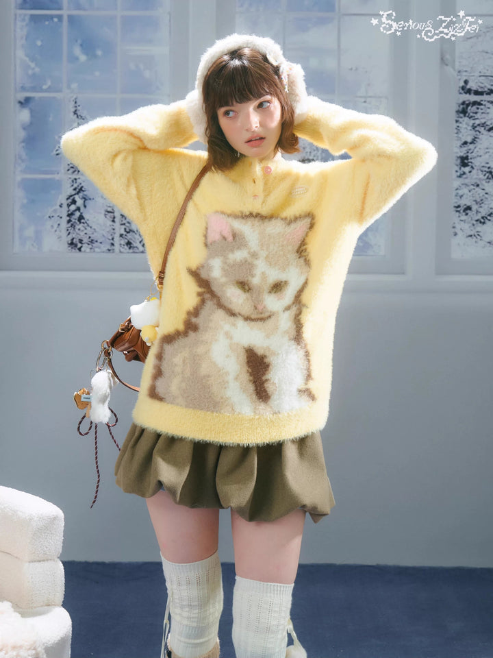 Fuzzy Yellow Cat Graphic Sweater
