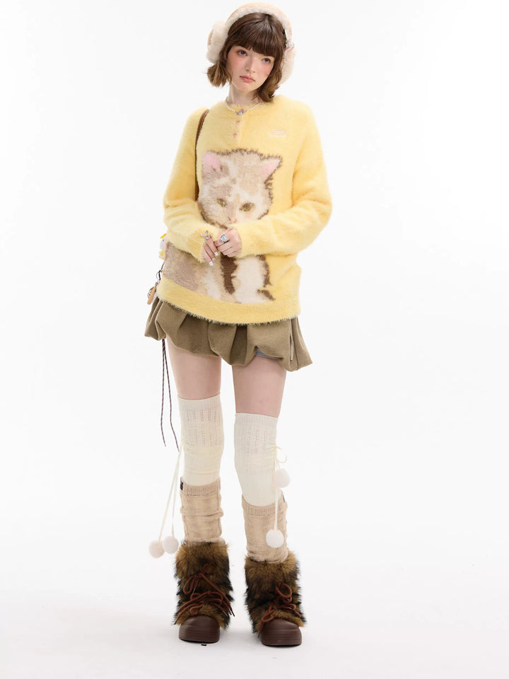 Fuzzy Yellow Cat Graphic Sweater