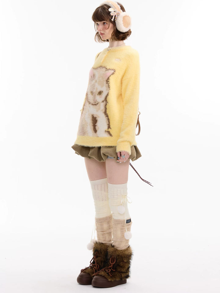 Fuzzy Yellow Cat Graphic Sweater