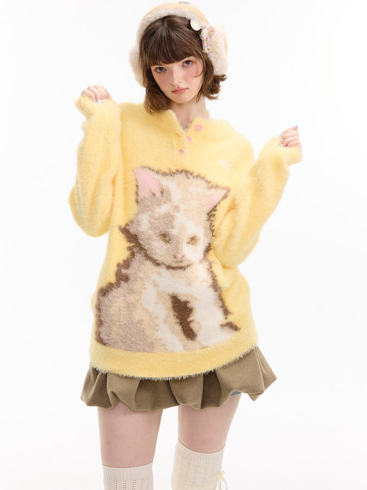 Fuzzy Yellow Cat Graphic Sweater