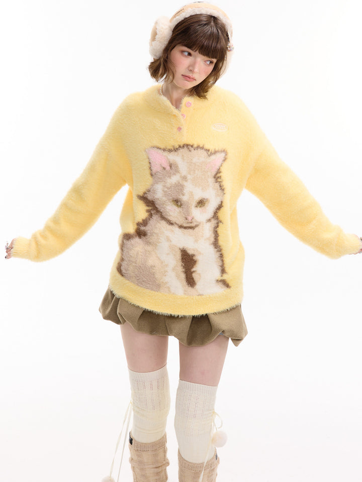 Fuzzy Yellow Cat Graphic Sweater