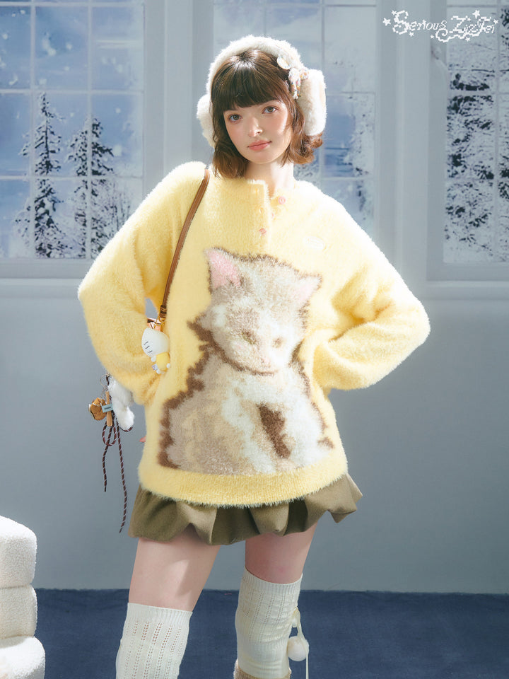 Fuzzy Yellow Cat Graphic Sweater