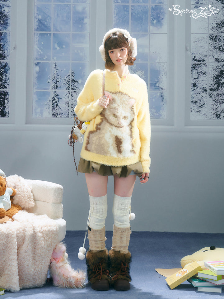 Fuzzy Yellow Cat Graphic Sweater