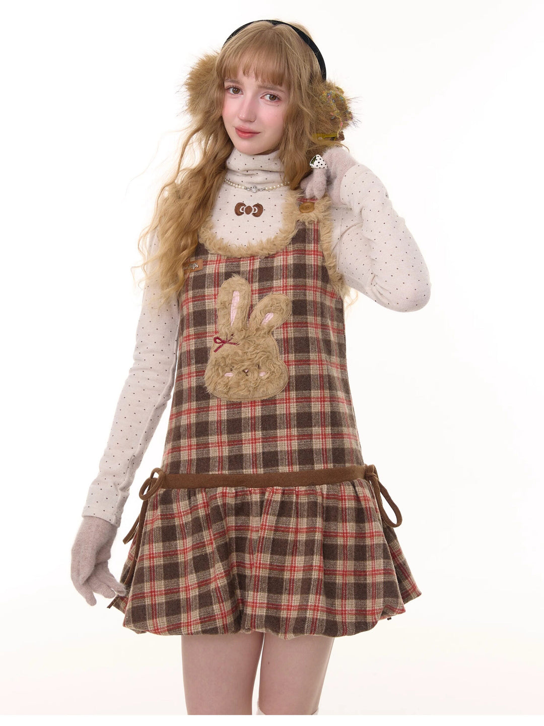 Plush Bunny Plaid Pinafore Dress