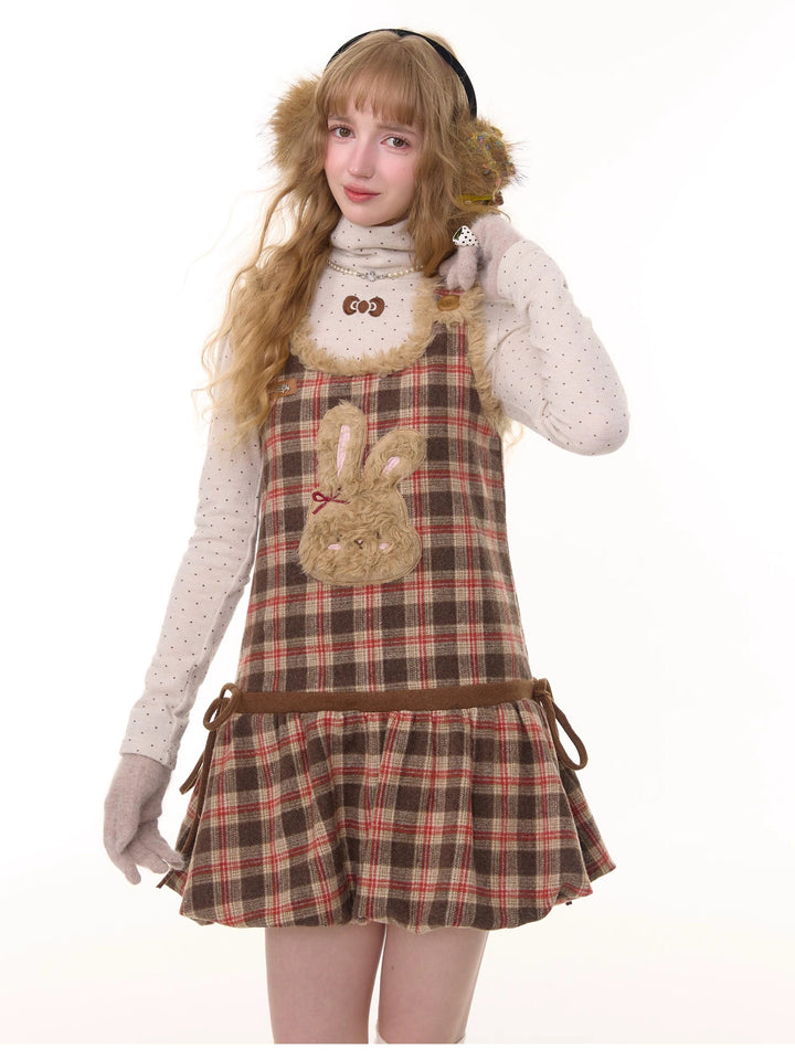Plush Bunny Plaid Pinafore Dress