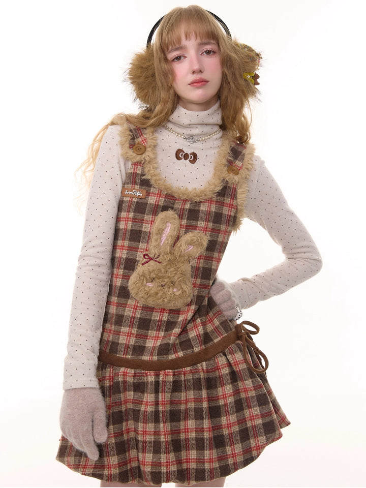 Plush Bunny Plaid Pinafore Dress