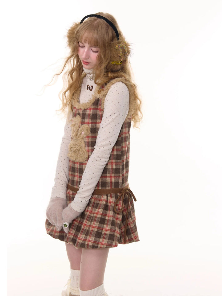 Plush Bunny Plaid Pinafore Dress