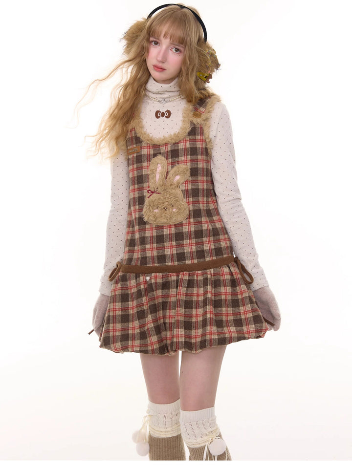 Plush Bunny Plaid Pinafore Dress