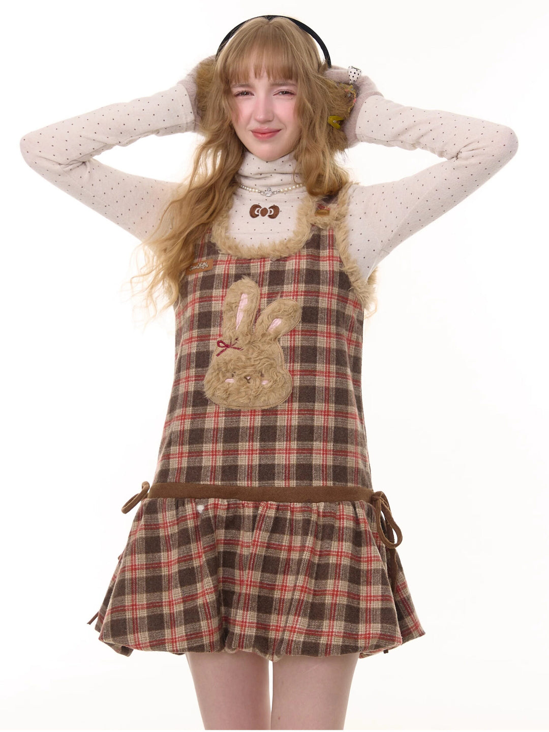 Plush Bunny Plaid Pinafore Dress