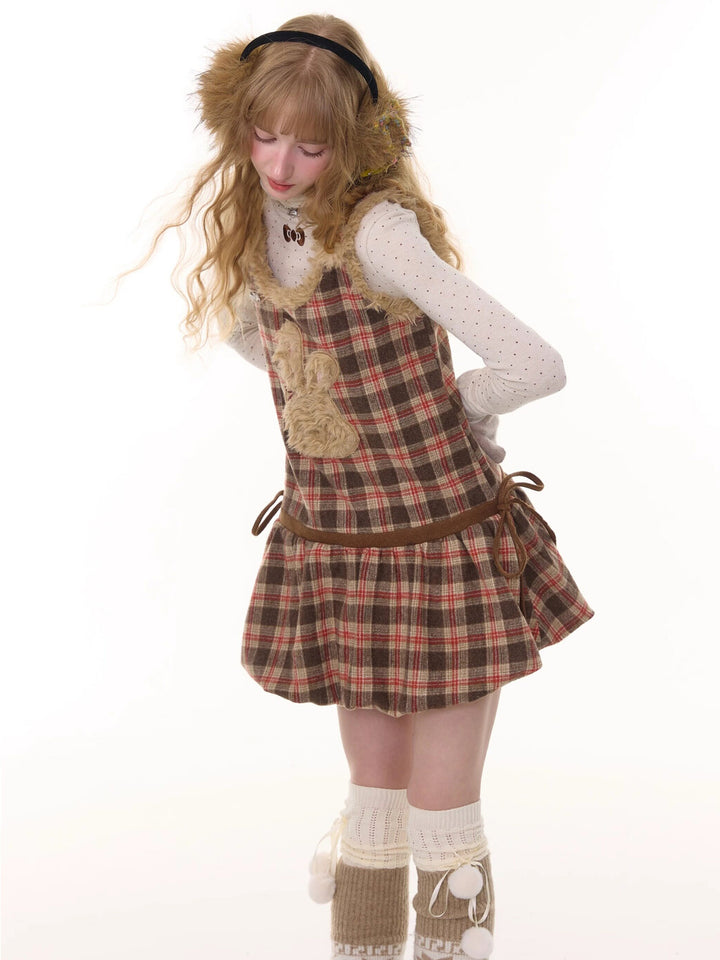 Plush Bunny Plaid Pinafore Dress