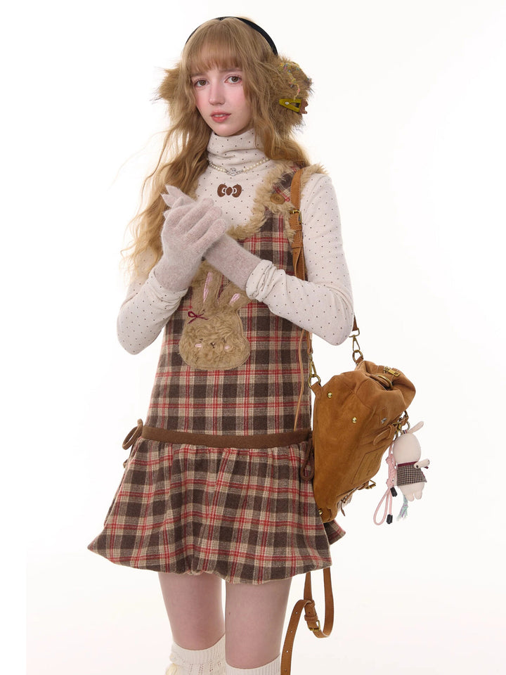 Plush Bunny Plaid Pinafore Dress