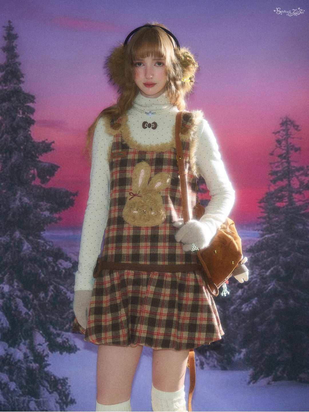 Plush Bunny Plaid Pinafore Dress