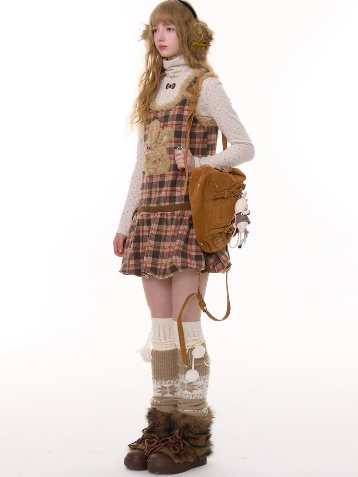 Plush Bunny Plaid Pinafore Dress