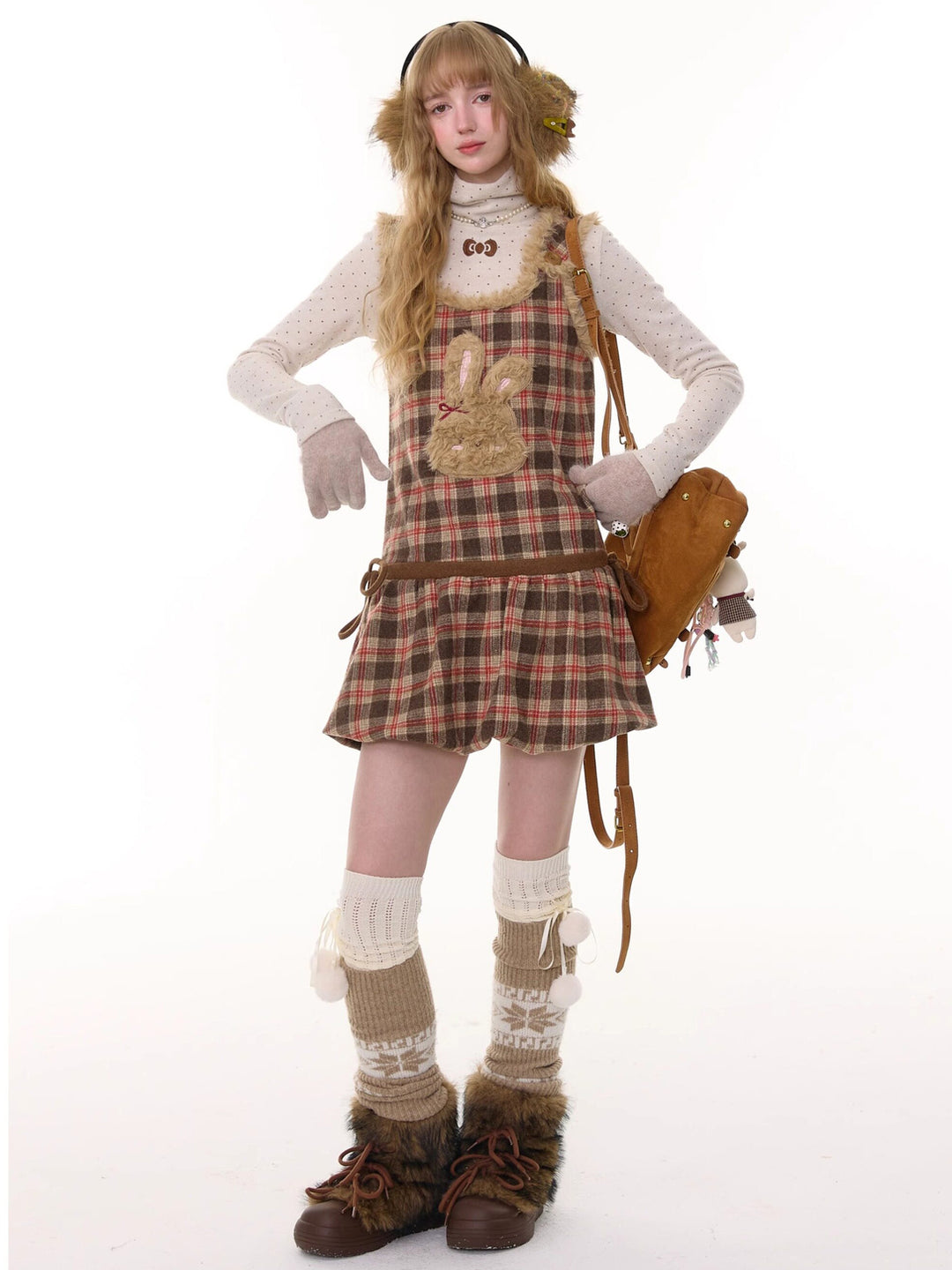 Plush Bunny Plaid Pinafore Dress