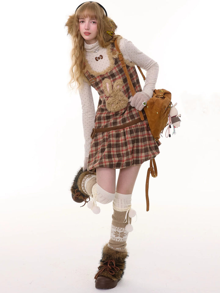 Plush Bunny Plaid Pinafore Dress