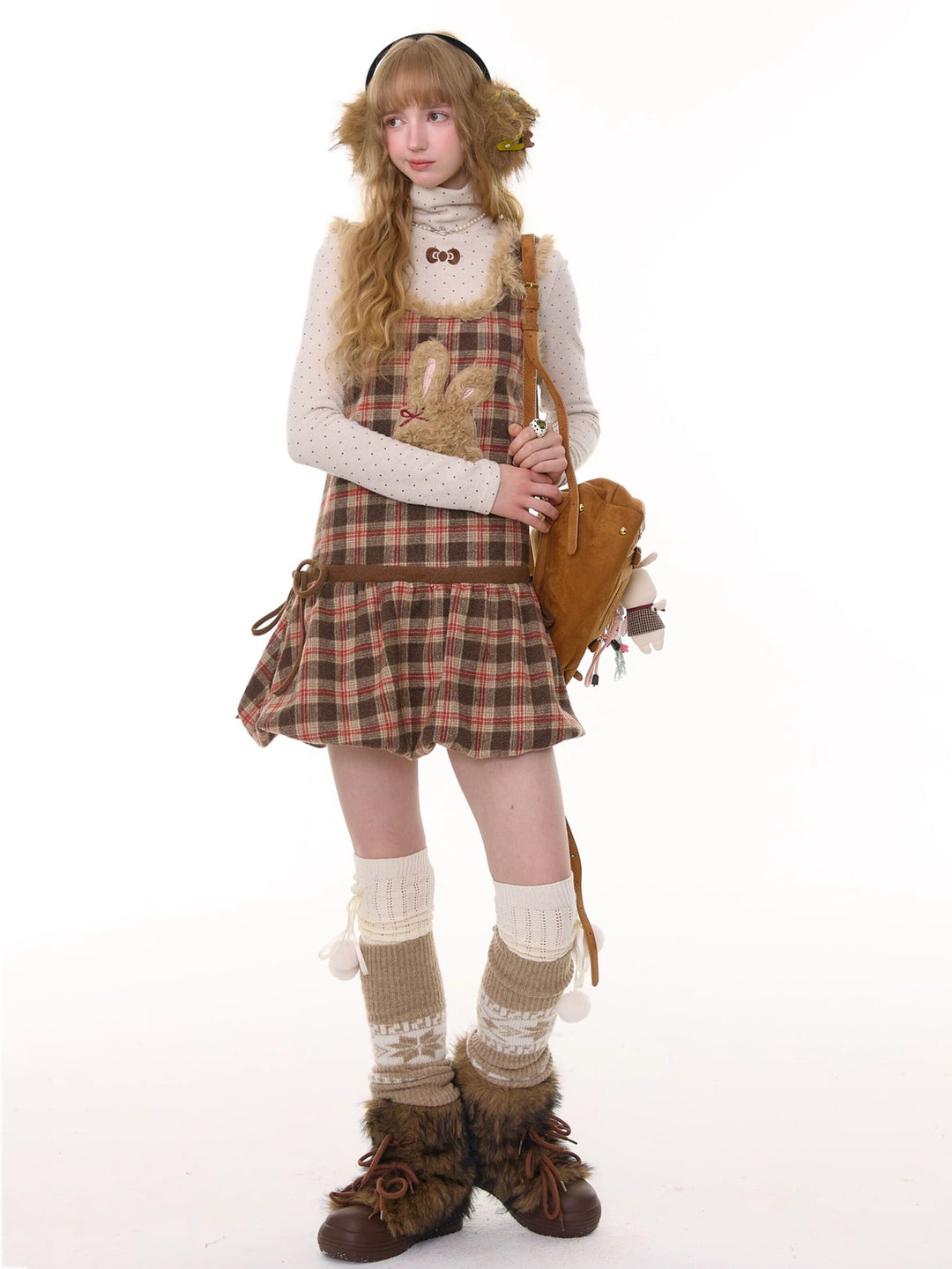 Plush Bunny Plaid Pinafore Dress