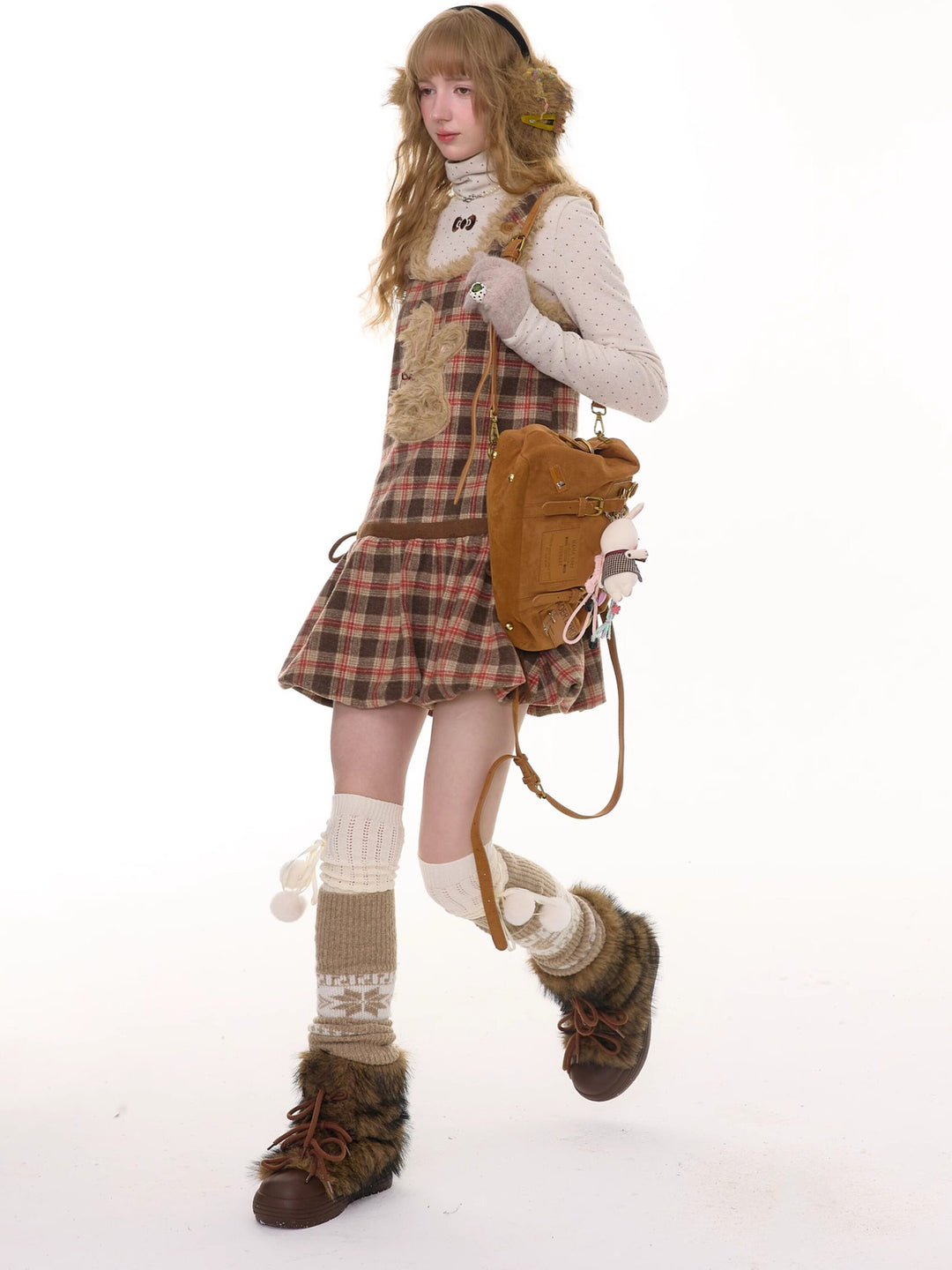 Plush Bunny Plaid Pinafore Dress