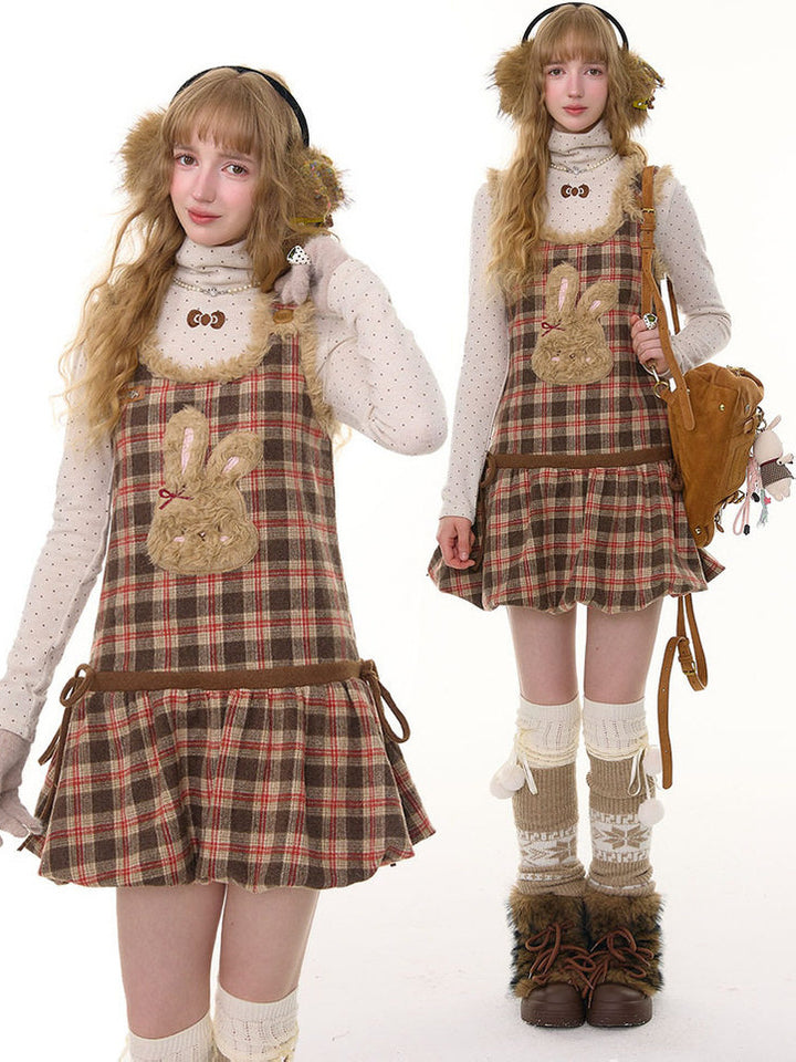 Plush Bunny Plaid Pinafore Dress