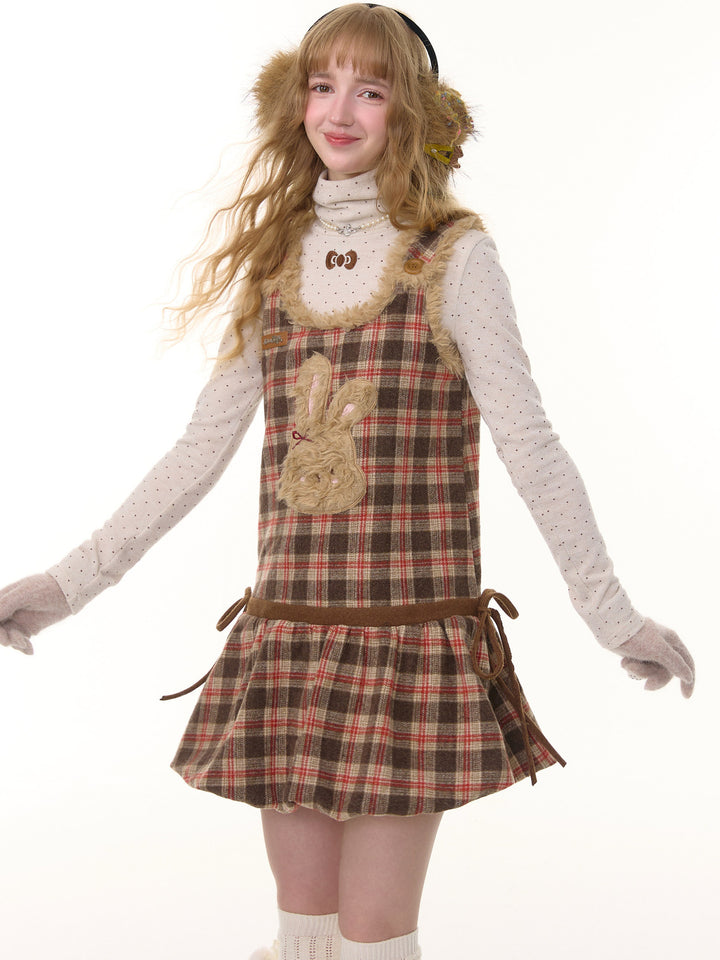 Plush Bunny Plaid Pinafore Dress