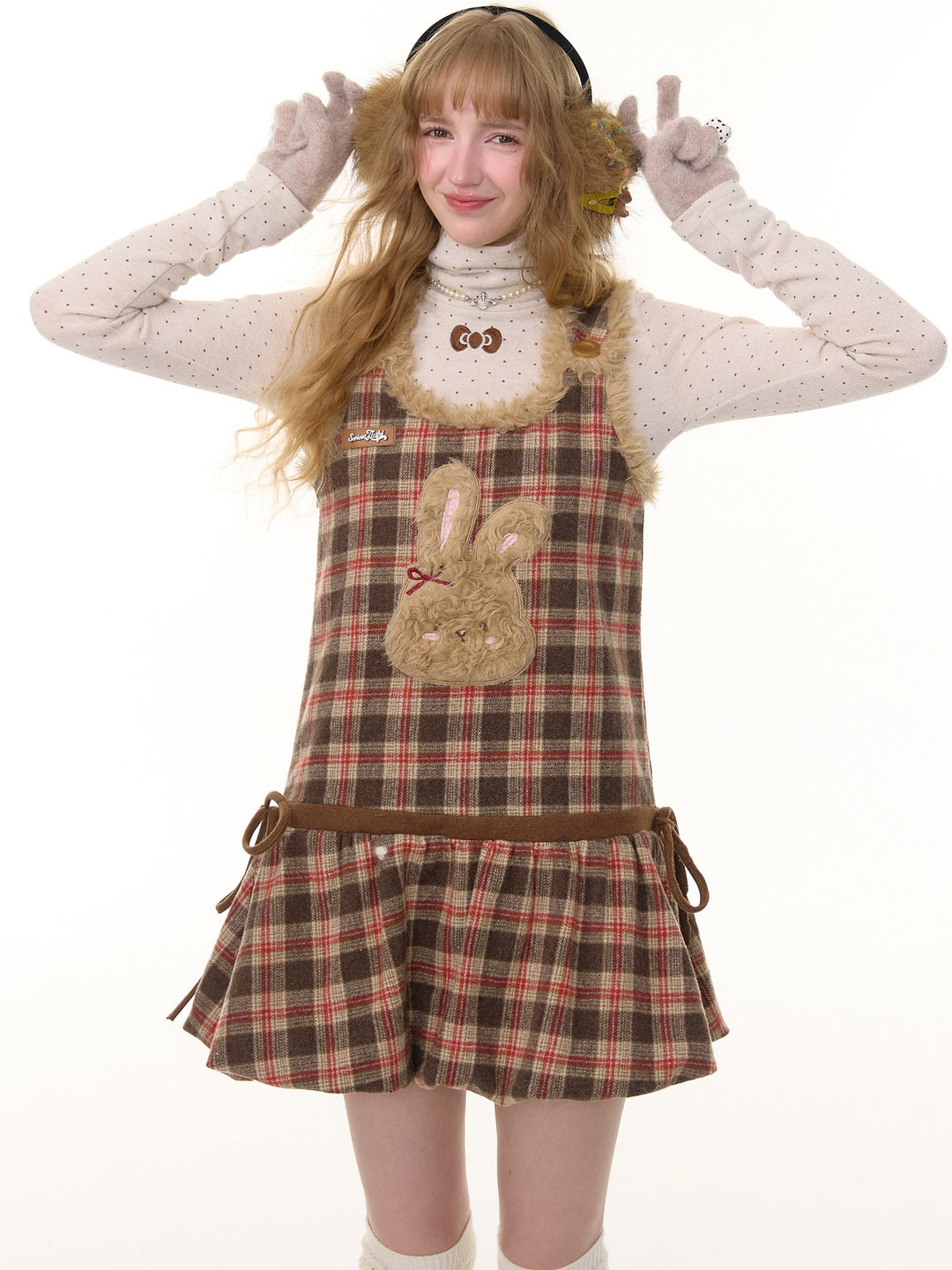 Plush Bunny Plaid Pinafore Dress