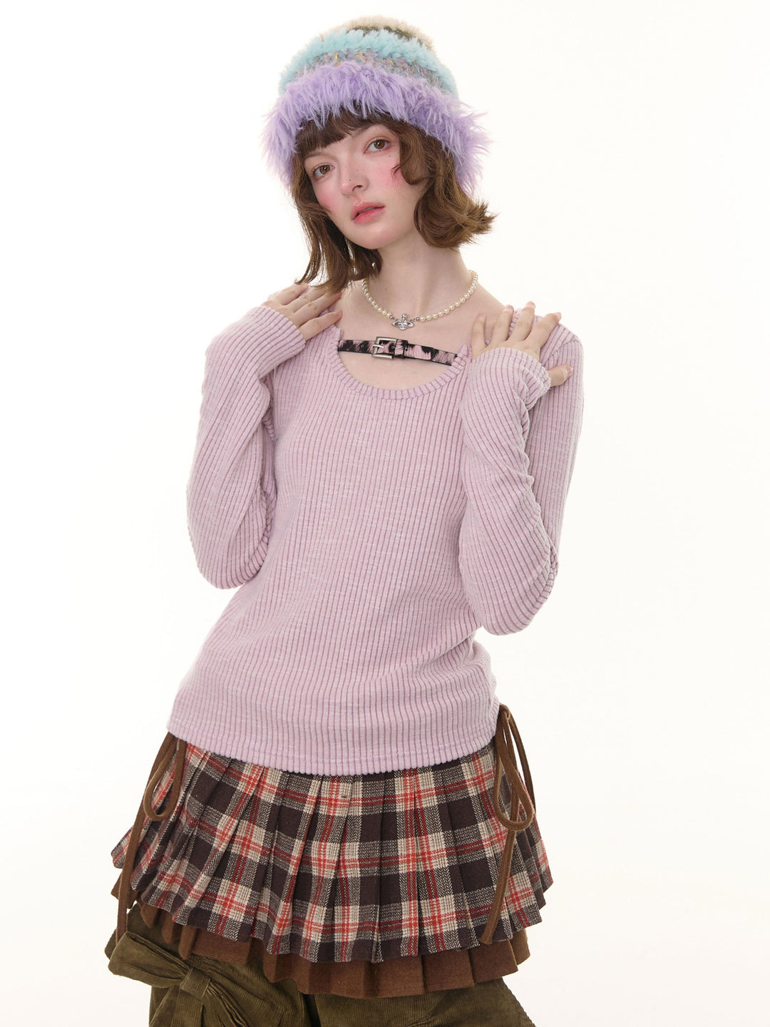 Leopard Buckle Ribbed Knit Top