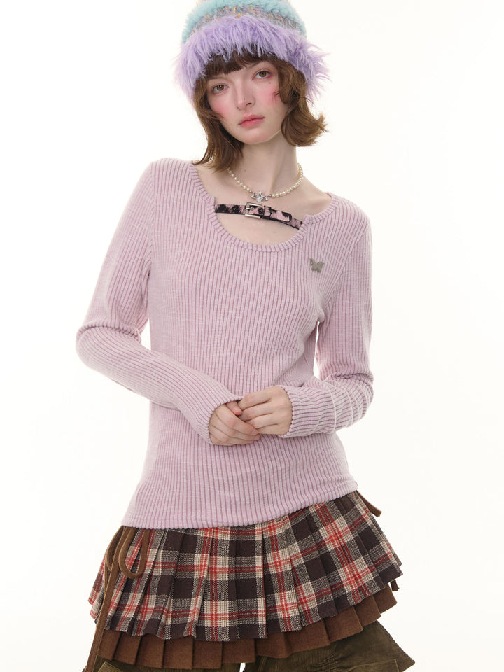 Leopard Buckle Ribbed Knit Top